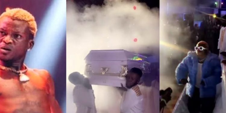 Reactions as Portable arrives on stage in casket at Afrika Shrine (Watch)